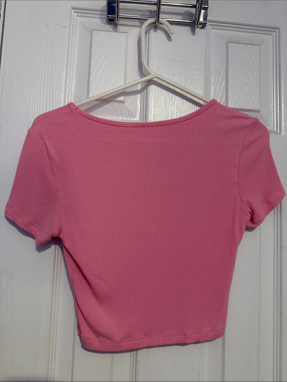 SHEIN Ribbed V-Neck Short Sleeve Crop Top - Pink - Picture 2 of 2